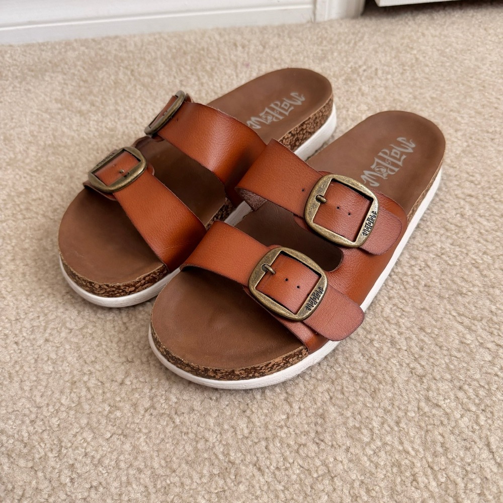 Mad Love Cognac Brown Double Strap Buckle Footbed Slide Sandals Womens 9